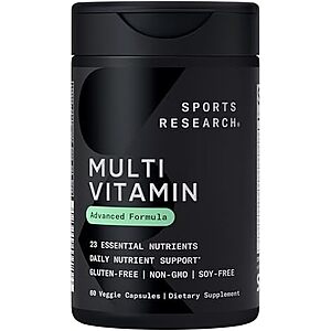 Sports Research® Multivitamin – Advanced Formula - 23 Essential Vitamins & Minerals with CoQ10 & Iodine - Daily Nutrient Support*- Non-GMO Tested & Gluten-Free -60 Veggie Capsules