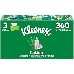 Kleenex Lotion Facial Tissues with Coconut Oil, 3 Flat Boxes, 120 Tissues Per Box, 3-Ply