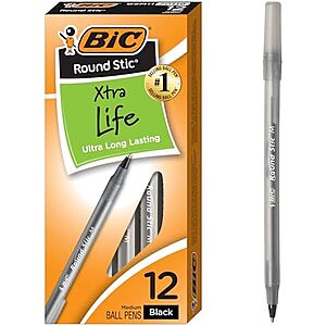 BIC Round Stic Xtra Life Black Ballpoint Pens, Medium Point (1.0mm), 12-Count Pack of Bulk Pens, Flexible Round Barrel for Writing Comfort, No. 1 Selling Ballpoint Pens