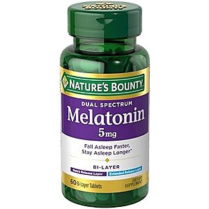 Nature’s Bounty Melatonin 5mg Dual Spectrum, 100% Drug Free Sleep Supplement, Quick Release and Extended Release, Promotes Relaxation and Sleep Health, 60 Bi-Layer Tablets
