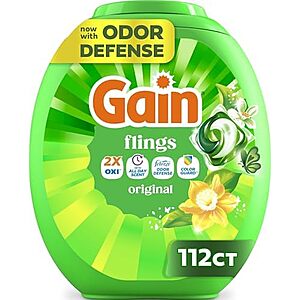 Gain Flings Liquid Washing Detergent Pods, Now with Odor Defense + Color Guard, Original Scent, 4-In-1 Liquid Laundry Detergent Pacs, Clean & Fresh, 112 Count (Packaging May Vary)
