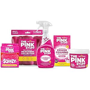 Stardrops - The Pink Stuff Bathroom Cleaning Kit – Cleaning Paste, Bathroom Foam Spray, Toilet Foaming Powder, SQeeZY Sponge & 3 Microfiber Cloths – Tough on Stains, Grease & Soap Scum