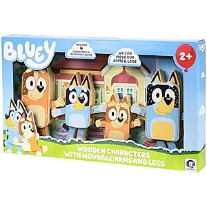 Bluey Characters Wooden Figures Set of 4, Colorful Articulate Toddler Wooden Toys with Bingo, Chilli, and Bandit, Block Set for Kids Ages 3+