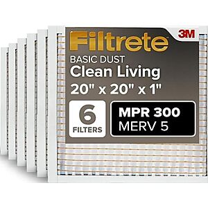Filtrete 20x20x1 Air Filter MERV 5, 6-Pack AC Furnace HVAC, MPR 300 Basic Dust Defense, Pleated Electrostatic, Removes Lint