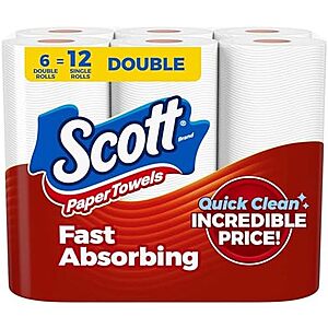 Scott Paper Towels, Choose-A-Sheet, 6 Double Rolls = 12 Regular Rolls (108 Sheets Per Roll)