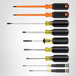 Klein Tools 85850 9-Piece Electrician Tool Set with (3) Phillips, (3) Slotted, (1) Screw-Holding Driver, (2) Insulated Drivers - Phillips and Square, Cushion-Grip Handle
