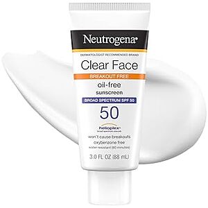 Neutrogena Clear Face Sunscreen Lotion SPF 50 for Acne-Prone Skin Broad Spectrum UVA UVB Protection Oil-Free No-Fragrance No-Oxybenzone Water-Resistant Daily Face Moisturizer, 3 fl oz