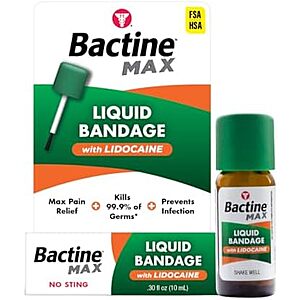 Bactine MAX Liquid Bandage with Lidocaine, Wound Cleaning Solution That Kills 99% of Germs, Covers and Protects Skin, Fast-Drying Protective Seal, 0.30 fl oz