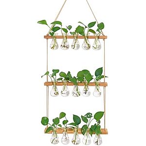 XXXFLOWER Wall Hanging Propagation Station with Wooden Stand 5 Bulb Vase 3 Tiers Planters Wall Terrarium for Home Office Plant Hanger Flower Vases Wall Decor