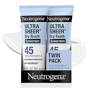 Neutrogena Ultra Sheer Dry Touch Sunscreen Lotion SPF 45 Broad Spectrum UVA UVB Protection Lightweight Water Resistant up to 80 Minutes Oil PABA Oxybenzone Free, 2-pack of 3 fl oz