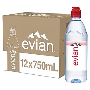 evian Natural Spring Water, 750 ml (25.36 fluid ounce) Water Bottle with Sports Cap, 12 Pack