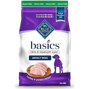 Blue Buffalo Basics Grain-Free Adult Dry Dog Food, Skin & Stomach Care, Limited Ingredient Diet for Dogs, Turkey Recipe, 24-lb. Bag