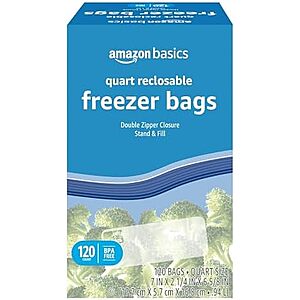 Amazon Basics Reclosable Freezer Quart Food Storage Bags with Zipper Seal, BPA Free, Stand and Fill, Airtight, 120 Count (Previously Solimo)