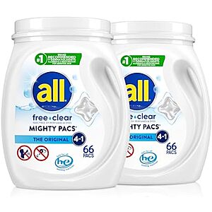 [SnS, AC] $30.34 | 2 &times; 2-Pack 66-Count all free clear, Original, MIGHTY PACS Laundry Detergent Pacs for Sensitive Skin ($15.17 each) at Amazon