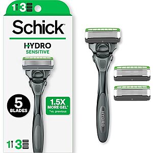 Schick Hydro Sensitive Razors for Men, 1 Razor Handle with 3 Razor Blades Refills