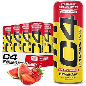 C4 Energy Drink 12oz (Pack of 12) - Strawberry Watermelon Ice - Sugar Free Pre Workout Performance Drink with No Artificial Colors or Dyes