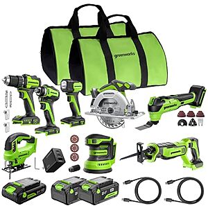$376.41 | GREENWORKS 24V (8-TOOL) Combo (Drill, Impact Driver, Circular Saw, Reciprocating Saw, Jigsaw, Multi-Tool, Sander, Flashlight) at Amazon