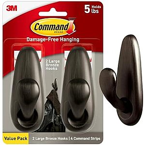 $9.47 | Command 5 lb Large Oil Rubbed Bronze Metal Hooks, 2 Coat Hooks and 4 Strips at Amazon