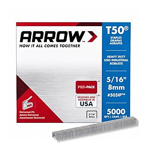 [NEW] $3.56 | 5000-Pack Arrow Fastener 505IP Heavy Duty T50 Staples, Made in the USA at Amazon