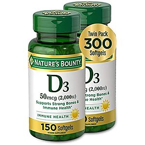 [SnS, AC] $4.50** | 2-Pk 150-Ct Nature's Bounty 50mcg (2000IU) Vitamin D3 Softgels at Amazon