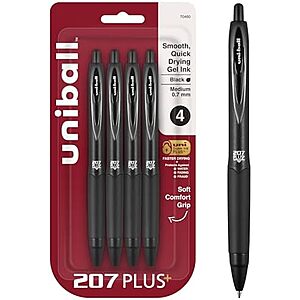 [AC] $3.64** | 4-Pk uniball 207 Plus+ Retractable Gel Pens (Medium Point, 0.7mm, Black) at Amazon