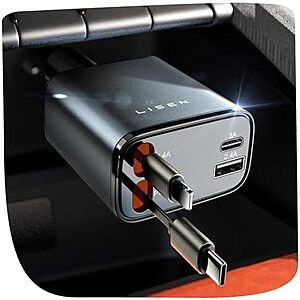[AC] $11.28* | LISEN 84W 4-Port Retractable Car Charger w/ Built-In USB-C & Lightning Cables at Amazon