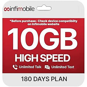 $30* | 6-Month Infimobile Prepaid Mobile Unlimited Talk/Text + 10GB Data/Month Plan at Amazon