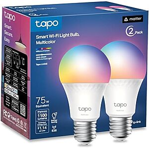 $18.99 | 2-Pack Tapo 1100 Lumens A19 E26 Matter RGBW Smart Dimmable Light Bulb (L535E) + 25% Back w/ Prime Visa Card at Amazon