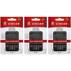 $4.99 | 3-Pack 50-Piece SINGER Assorted Large Eye Needles for Hand Sewing (6 Sizes) at Amazon