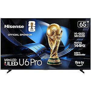 $598.99* | 65" Hisense U6 Pro Mini‑LED ULED 4K 144Hz Dolby Vision IQ Smart Fire TV at Amazon