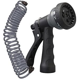 $11.99* | Orbit Coil Garden Hose, 25 ft, with 8-Pattern Nozzle, Gray - 26382 at Amazon