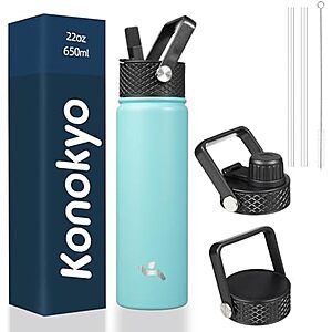 $9.42* | 22oz Konokyo Insulated Stainless Steel Water Bottle with Straw & 3 Lids (Turquoise) at Amazon