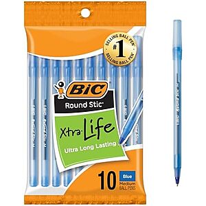 [SnS] $0.94* | 10-Ct BIC Round Stic Xtra Life Blue Ballpoint Pens (1.0mm / Medium Point) at Amazon