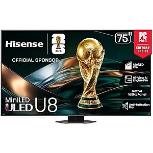 $1249.99 | 75&Prime; Hisense U8 Series Mini-LED ULED Google Smart TV (75U8QG) at Amazon