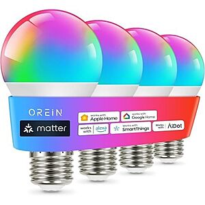 [AC] $13.99* | 4-Pk OREiN Matter Smart Light Bulb A19 RGBTW Color Changing Light Bulbs at Amazon