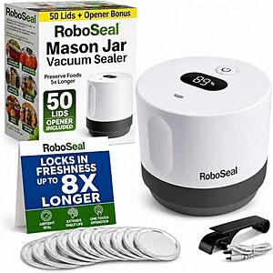 [NEW] $24.97 | Roboseal Electric Mason Jar Vacuum Sealer Kit with 50 Lids, Jar Opener at Amazon