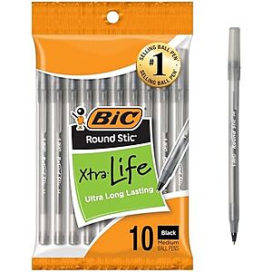 [SnS] $0.94* | 10-Ct BIC BIC Round Stic Xtra Life Ballpoint Pens (Black, 1.0mm / Medium Point) at Amazon