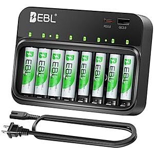 $15.99* | EBL Rechargeable 4-Pk 2800mAh AA + 4-Pk 1100mAh AAA Batteries & Charger at Amazon