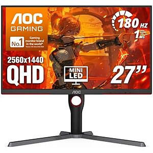 $229.99 | 27" AOC Q27G3XMN 2560x1440 180Hz 1ms VA Mini-LED Backlit Gaming Monitor at Amazon