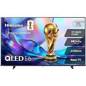 [NEW] $579.99 | Hisense 75" Class E6SR Series Hi-QLED 4K UHD Smart Roku TV (75E6SR, 2026 Model) at Amazon