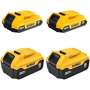 $197 | DEWALT 20V Max Battery, 4 Pack, Includes 2 x 5.0Ah Extended Runtime Batteries and 2 x 2.0Ah Compact Batteries (DCB235-4) at Amazon