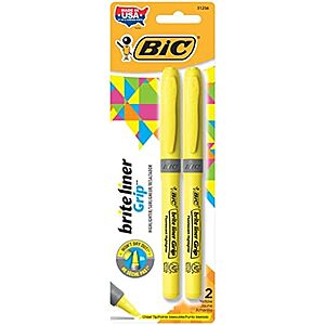 $2.90 | BIC Brite Liner Grip Highlighters, Chisel Tip, Classic Yellow, 2-Count at Amazon