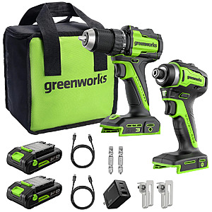 Greenworks 24V Cordless Battery 400 in-lbs Drill / Driver and 1950 in-lbs Impact Driver, Two(2) 2.0 Ah USB-C Batteries and 65W USB-C Fast Charger $85