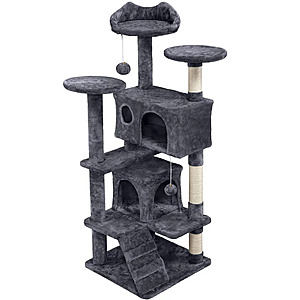 Alden Design 54" Multilevel Cat Tree with 2 Dangling Balls & 3 Scratching Posts, Light Gray And Dark Grey $39.99