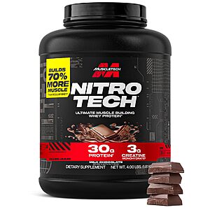 YMMV Muscletech Whey Protein Powder (Milk Chocolate, 4 Pound) - Nitro-Tech with Whey Protein Isolate - 30g of Protein, 3g of Creatine & 6. 8g of BCAA - $35.74 or less