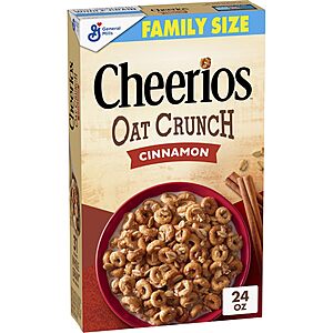 Cheerios Oat Crunch Cinnamon Cereal, Whole Grain, Family Size, 24 oz $3.19 or less