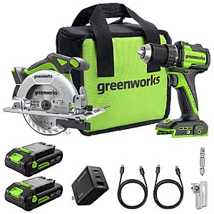 GREENWORKS 24V 1/2" Brushless Cordless Drill (400 In-lbs.) + 6.5" Circular Saw (4,800 RPM), (2) 2.0Ah Batteries ( Cable, 65W Rapid Charger $109.76