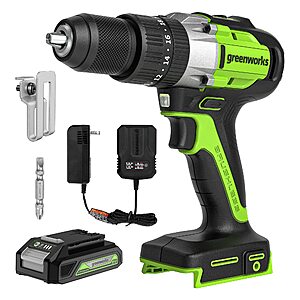 Greenworks 24V Brushless 1/2" Hammer Drill (530 in-lbs.) 2.0Ah Battery and Charger Included, DDG402 $53.82 @Amazon