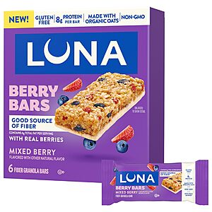 LUNA Berry Bars Mixed Berry, Fiber Granola Bars, Gluten Free, 6ct ( Other Flavors Available )$3.99 or less