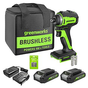 YMMV Greenworks 24V Brushless Cordless Impact Driver Kit, 1950 in./lbs Torque, 1/4'' Hex Collet ,2&times;2Ah Batteries with 2A Charger, 8pcs Drill/Driver Bits with Tool Bag $51.99 Amazon
